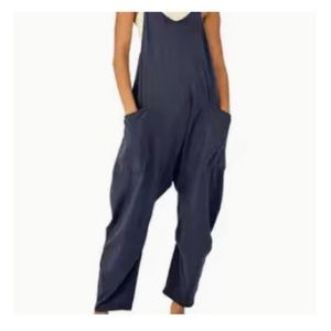 Wide leg jumper, romper with front pockets, and one back zipper pocket